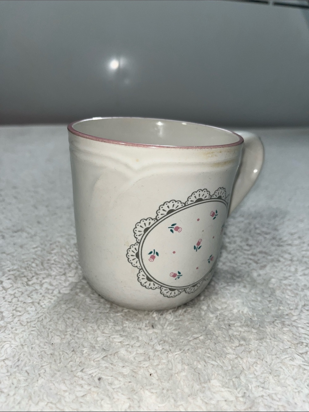Vintage Victoriana Japan Cream Ceramic Mug with Pink Rim and Floral Medallion